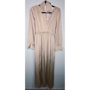 Baltic Born Satin Maxi Dress Champagne Long Sleeve Wrap Tie Romantic Size S NWT